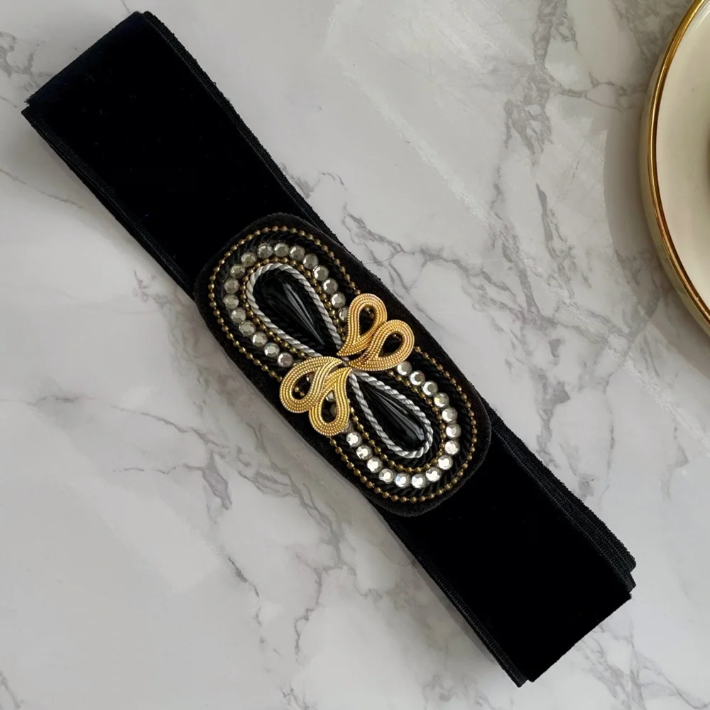 Charmant Beverly Hills Black velvet stretch belt & black, gold & crystal buckle - Picture 8 of 8